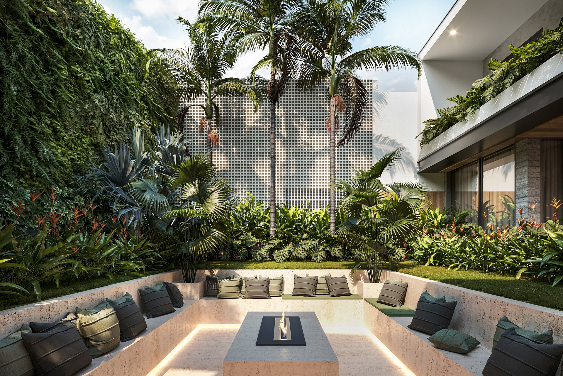 Lounge rebaixado em jardim tropical
