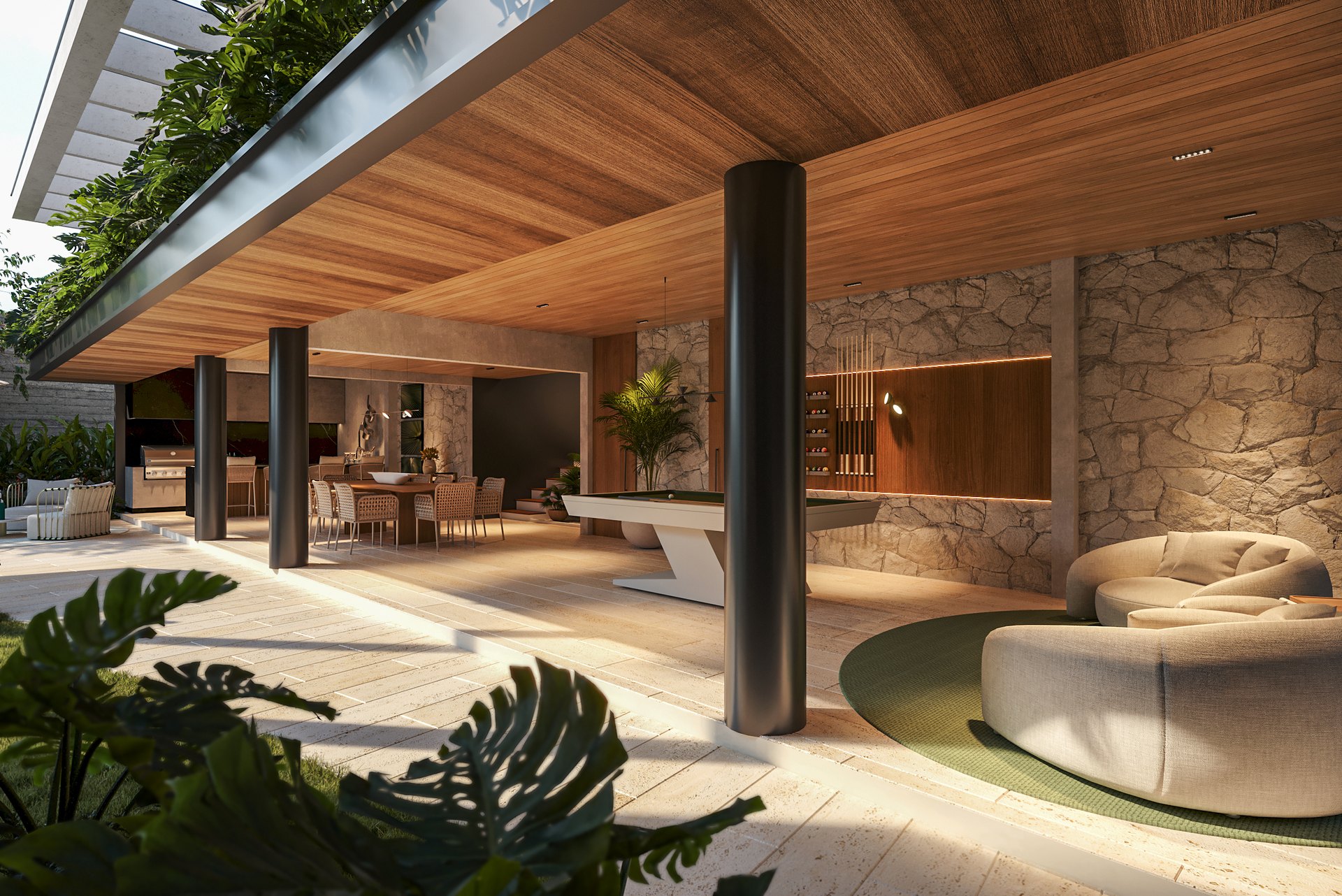 Espaço gourmet contemporâneo com madeira e pedra
