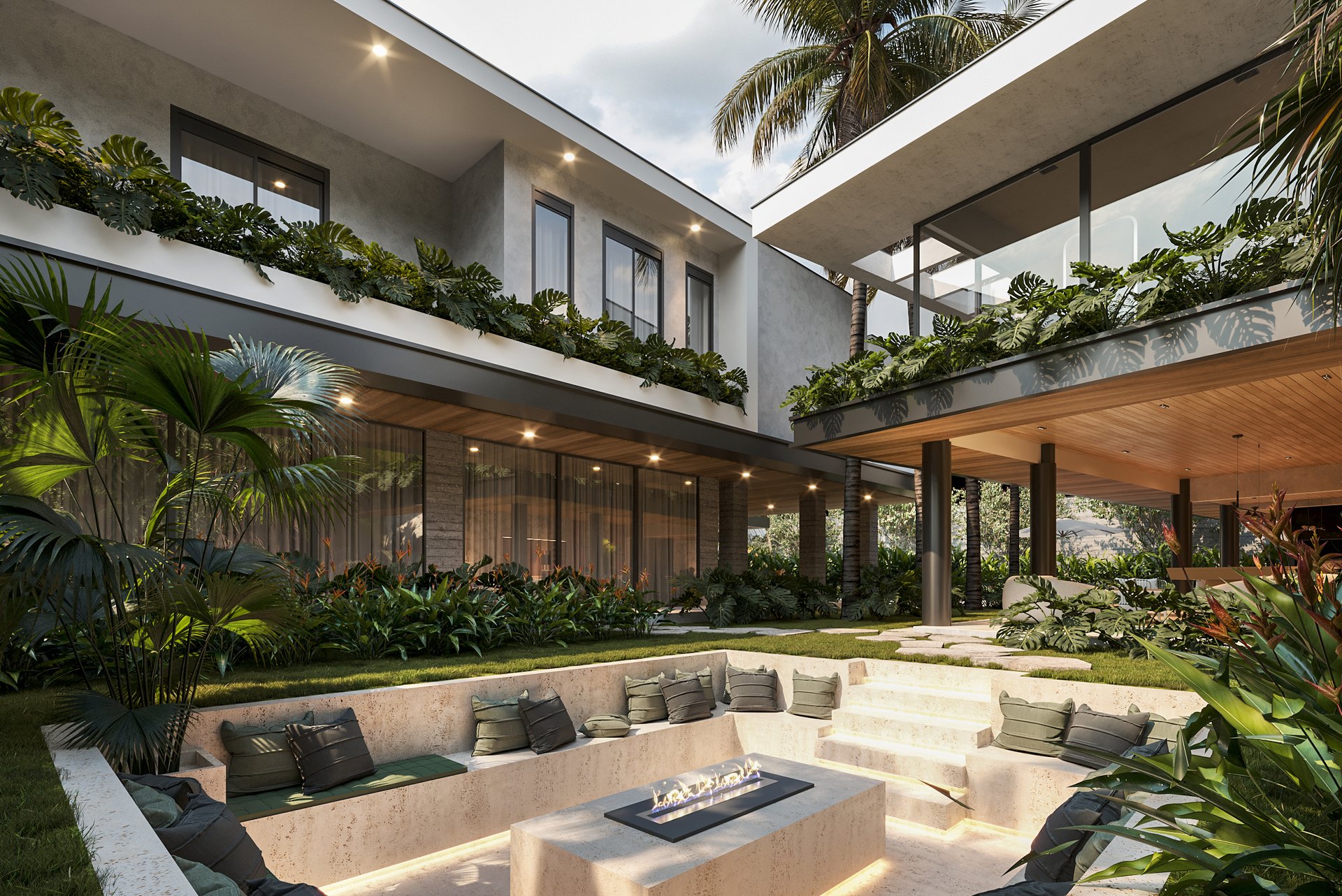 Pátio residencial com paisagismo exuberante